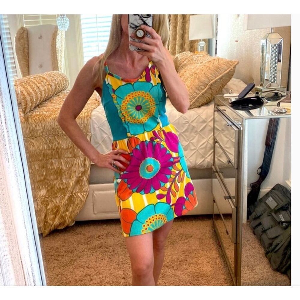 Judith March Bright Multi Color Floral Double Bib Textured Dun Dress sz S EUC